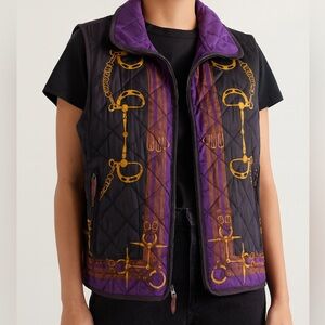 Vintage Ralph Lauren Equestrian Print Quilted Vest Purple Gold Reversible Med L